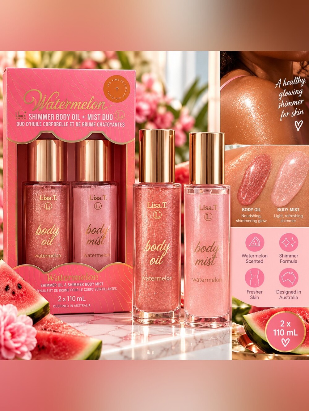Watermelon Shimmer Body Oil & Mist Duo – Pink Glow